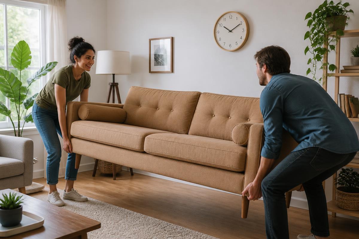 Two people moving a couch in a living room
