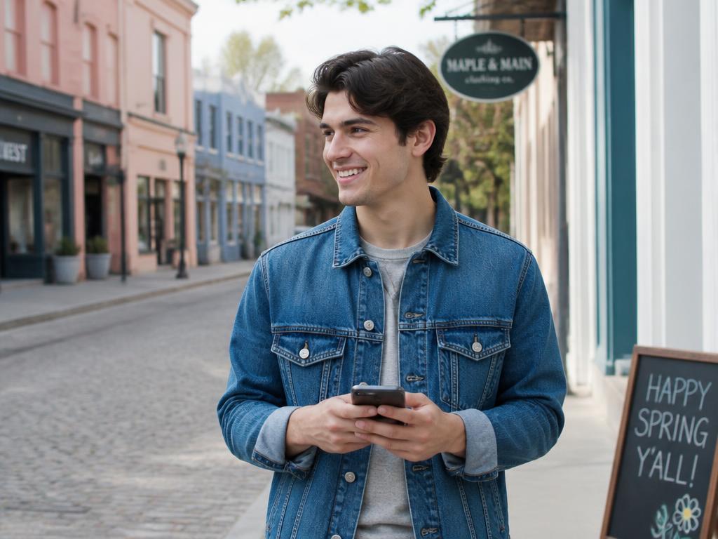 Liberty Bank customer smiling while holding a smartphone on a neighborhood street